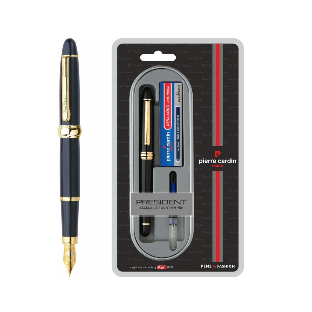 Pierre Cardin President Exclusive Metal Fountain Pen, Free Coverter & 3 Extra Long Cartridges, Blue Ink, Pack Of 1