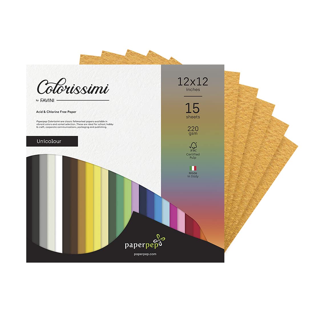 PaperPep Colorissimi 220GSM Card Stock 12"X12" Tabacco (Mustard) Unicolor 15 Sheets