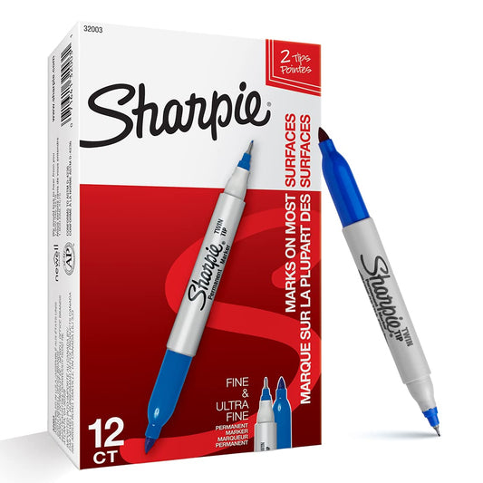 Sharpie 12 Twin Tip Permanent Marker, Blue, Pack Of 1