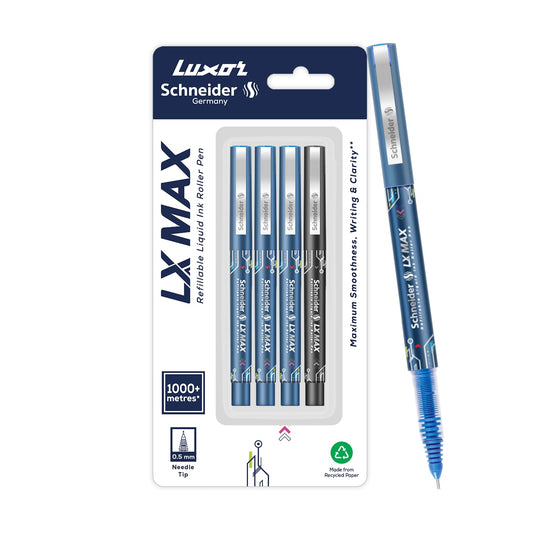 Luxor Schneider LX MAX Roller Ball Pen, Pack of 4, 3 Blue, 1 Black