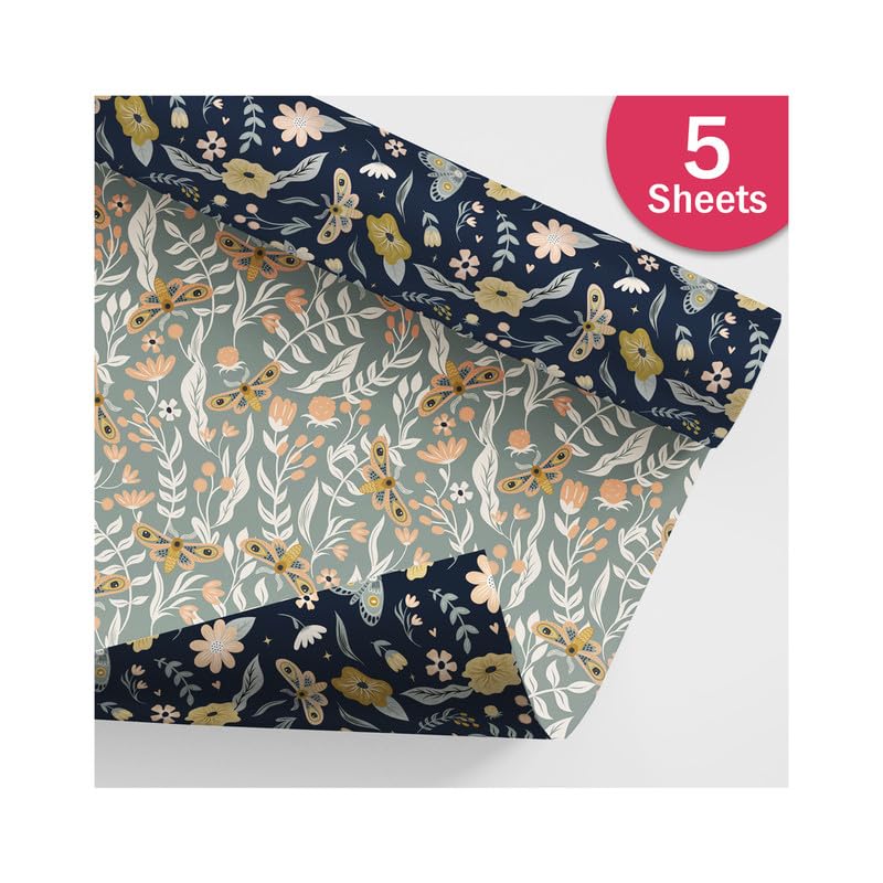 PaperPep Blue & Grey Floral & Moth Double Sides Print 19"X29" Gift Wrapping Paper, Pack of 5