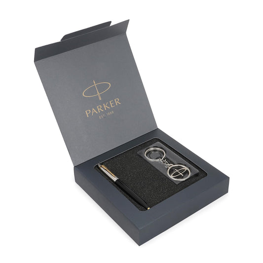 Parker Functional Jotter Standard Gold Trim Ball Pen Black & Logo Key Chain Gift Set, Blue Ink, Pack Of 1