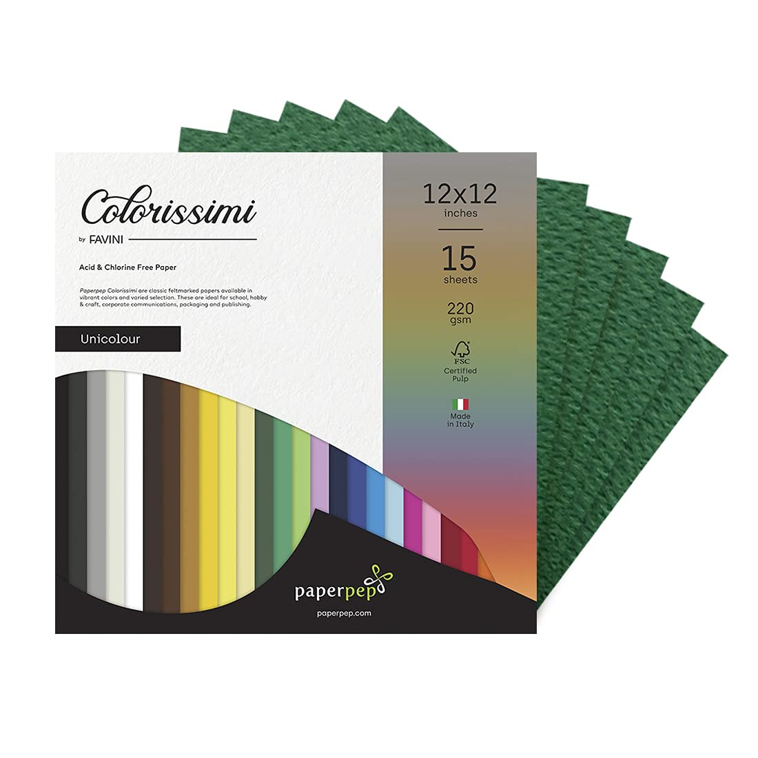 PaperPep Colorissimi 220GSM Card Stock 12"X12" Pino (Dark Green) Unicolor 15 Sheets