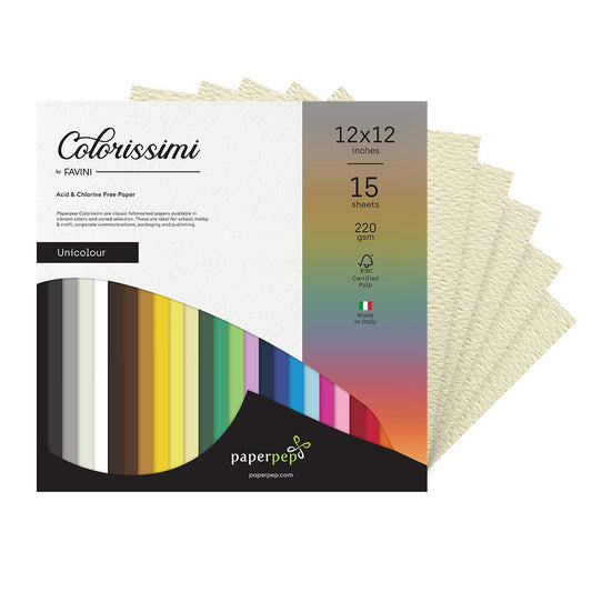 PaperPep Colorissimi 220GSM Card Stock 12"X12" Avorio (Cream) Unicolor 15 Sheets