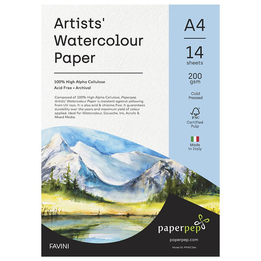 PaperPep Artists' Watercolour Paper 200GSM Cold Pressed A4 Pack of 14