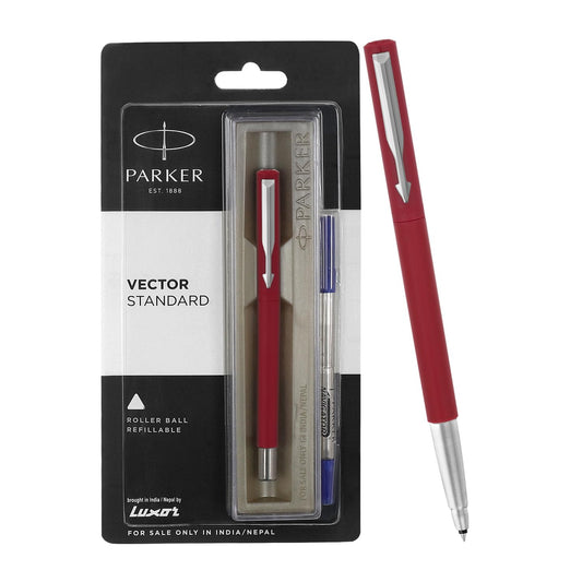 Parker Vector Standard Chrome Trim, Roller Ball Pen, Red Body Color, Ink Color - Blue