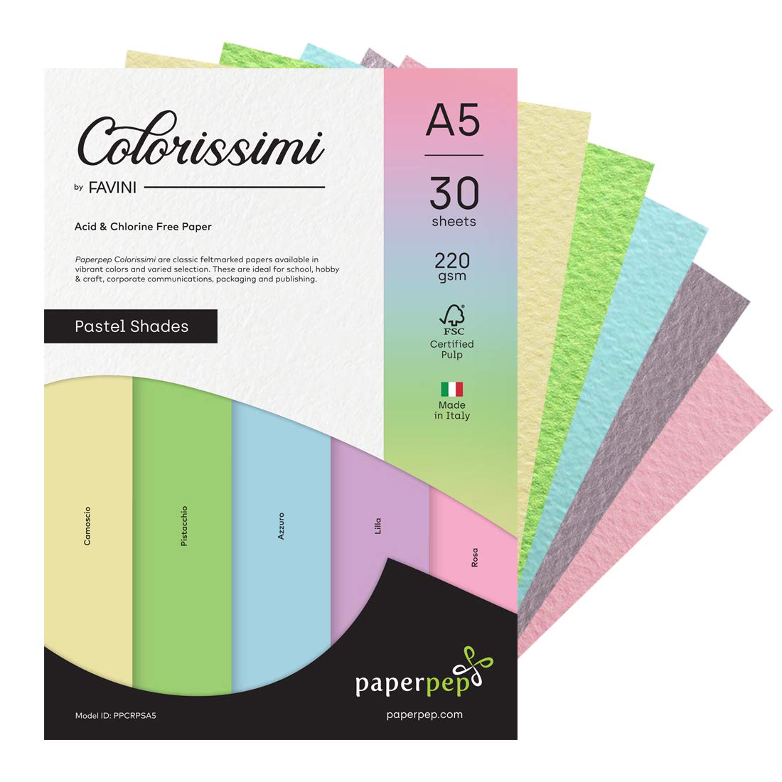 PaperPep Colorissimi 220GSM Card Stock A5 Pastel Shades Assorted 30 Sheets