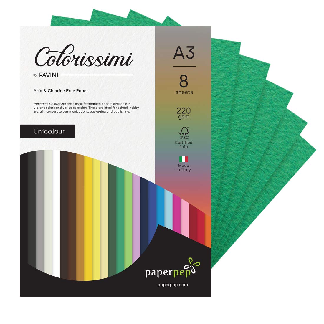 PaperPep Colorissimi 220GSM Card Stock A3 Verde (Green) Unicolor 8 Sheets