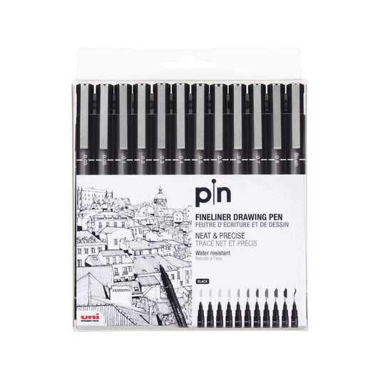 uni-ball PIN-200 0.03-0.8mm With Brush Fineliner Drawing Pen, Black Ink, Pack of 12