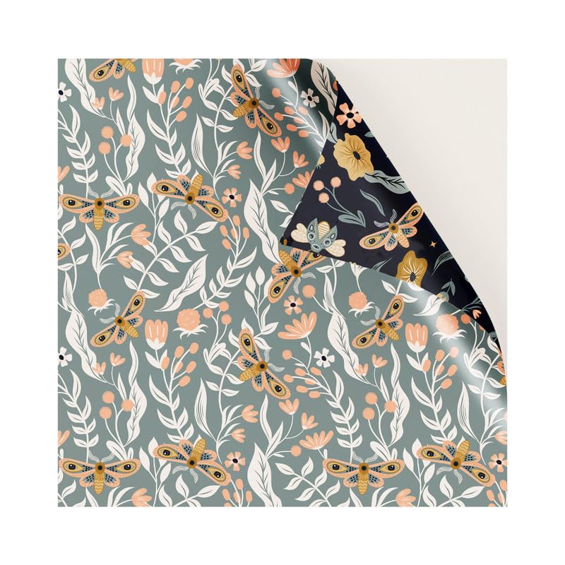 PaperPep Blue & Grey Floral & Moth Double Sides Print 19"X29" Gift Wrapping Paper, Pack of 5