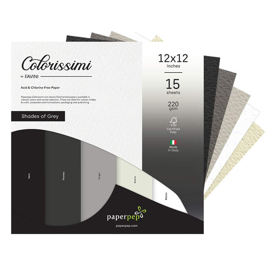 PaperPep Colorissimi 220GSM Card Stock 12"X12" Shades of Grey Assorted 15 Sheets