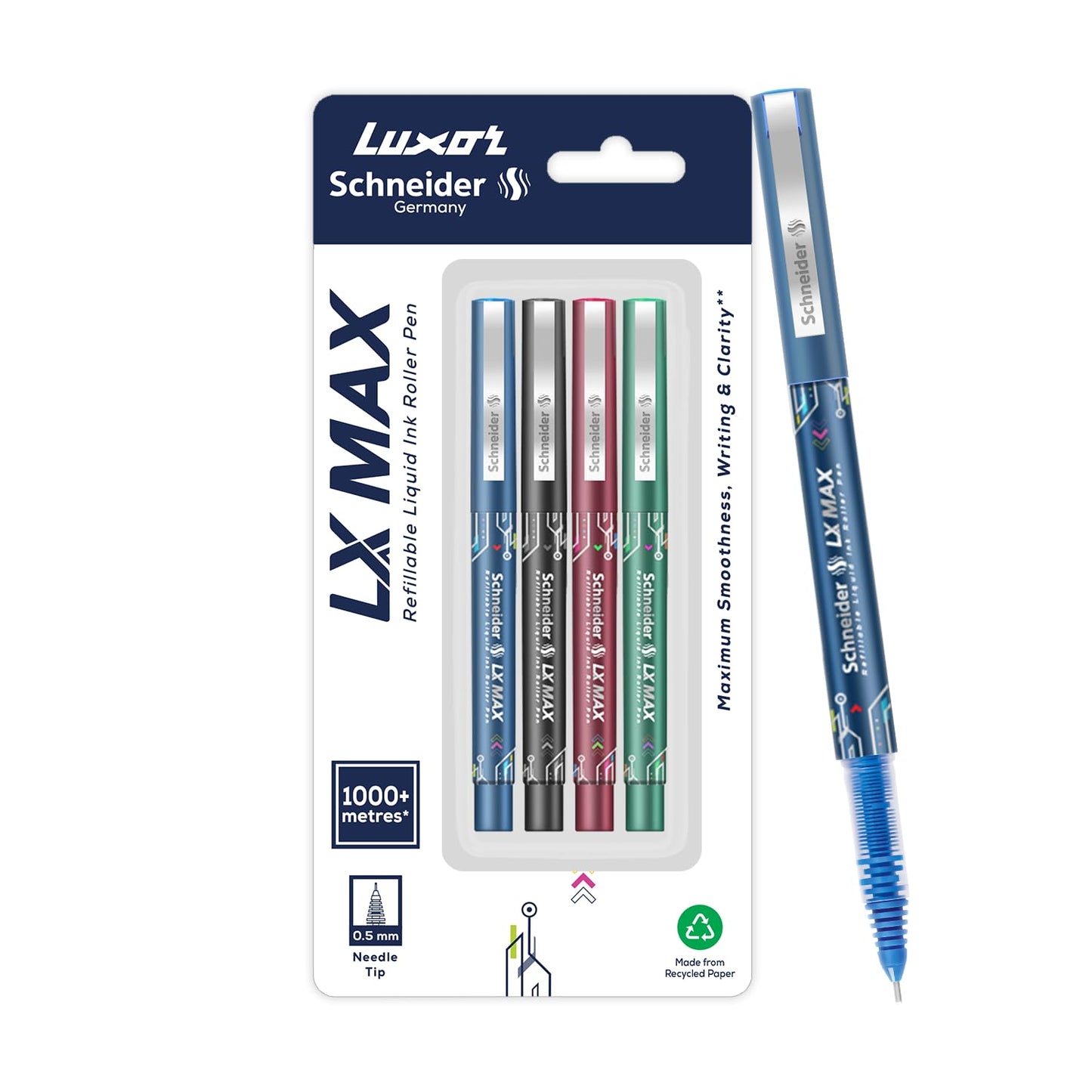 Luxor Schneider LX MAX Roller Ball Pen, Pack of 4 - Assorted