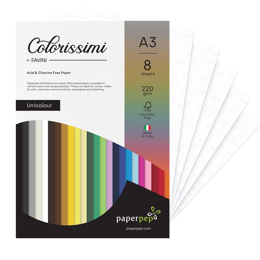 PaperPep Colorissimi 220GSM Card Stock A3 Bianco (White) Unicolor 8 Sheets