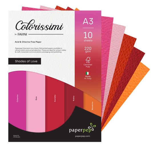 PaperPep Colorissimi 220GSM Card Stock A3 Shades of Love Assorted 10 Sheets