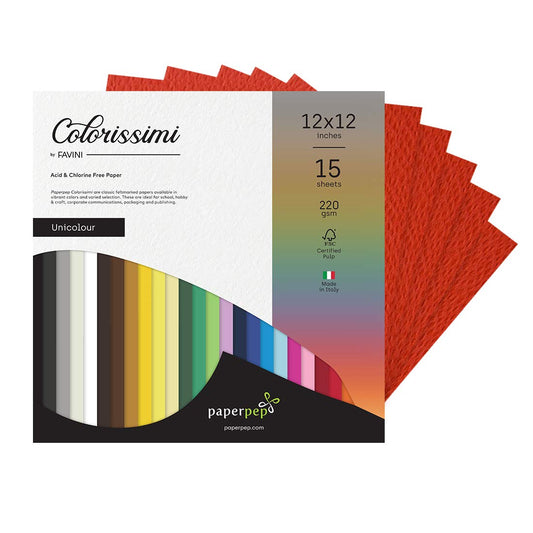 PaperPep Colorissimi 220GSM Card Stock 12"X12" Scarlatto (Red) Unicolor 15 Sheets