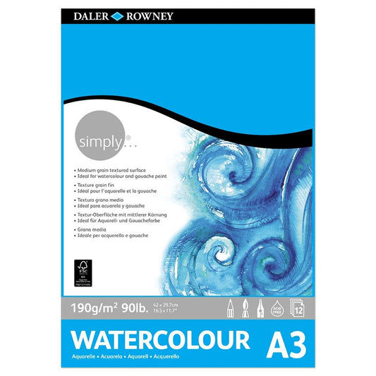 Dlaer Rowney Simply Watercolour Paper Pad, 190 GSM, A3 12 Sheets, White, Pack Of 1