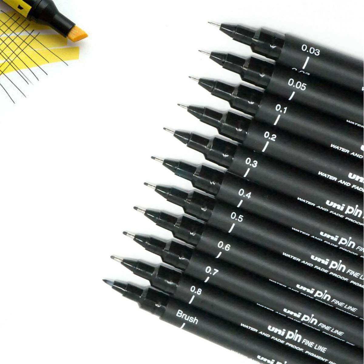 uni-ball PIN-200 0.03-0.8mm With Brush Fineliner Drawing Pen, Black Ink, Pack of 12