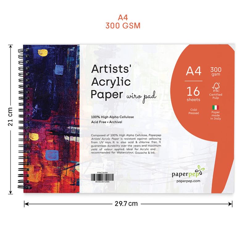 PaperPep Artists' Acrylic Wiro Pads 300GSM Cold Pressed A4 16 Sheets