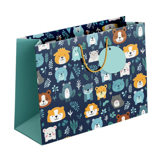 PaperPep Blue Cute Cartoon Animal Pattern Print 13.75"X4.75"X10" Gifting Paper Bag