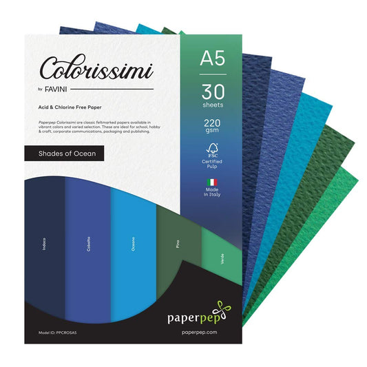 PaperPep Colorissimi 220GSM Card Stock A5 Shades of Ocean Assorted 30 Sheets