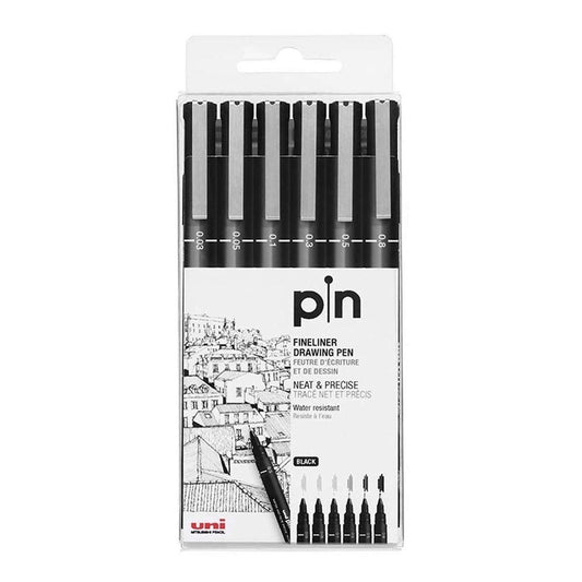 uni-ball PIN-200 0.03-0.8mm With Brush Fineliner Drawing Pen, Black Ink, Pack of 6