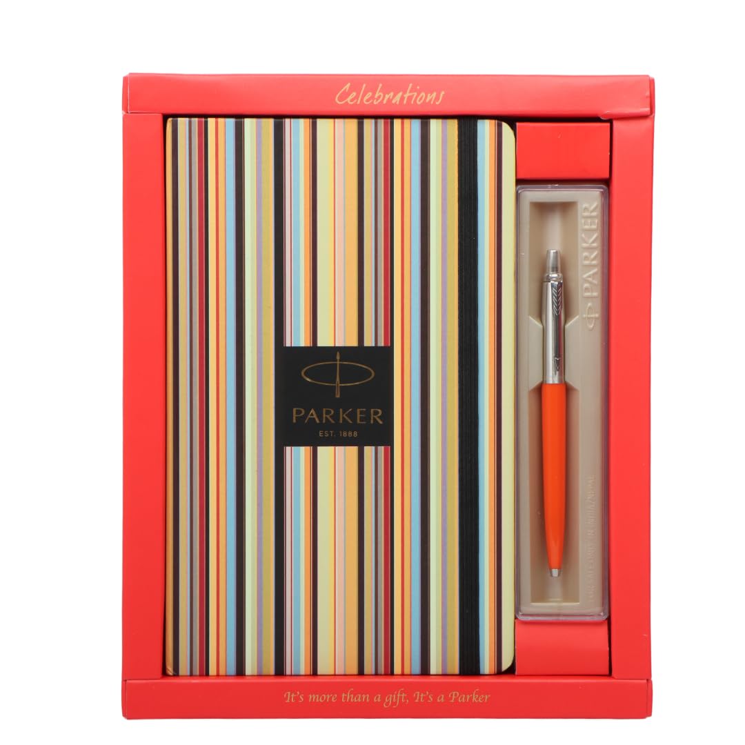 Parker Functional Jotter Standard Chrome Trim Ball Pen, Orange Body & Pin Stripe Diary Gift Set, Blue Ink, Pack Of 1