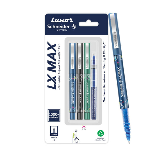 Luxor Schneider LX MAX Roller Ball Pen, Blue, Black, Green, 1Refill