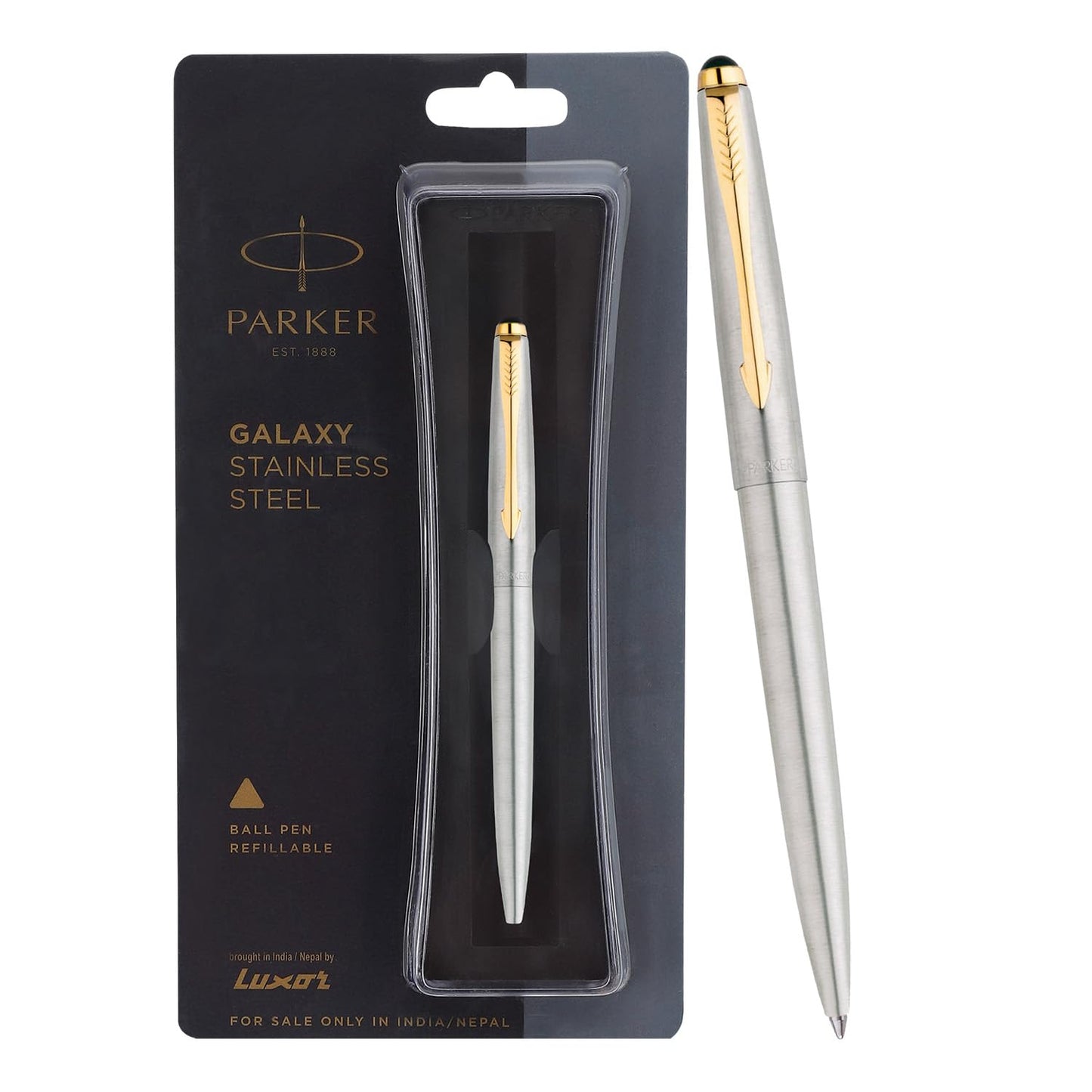 Parker Functional Galaxy Stainless Steel Gold Trim Ball Pen, Blue Ink, Pack Of 1