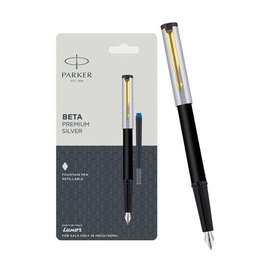 Parker Beta Premium Chrome Trim Fountain Pen, Gold Finish Cap With 1 Ink Cartridge, Ink Color - Blue