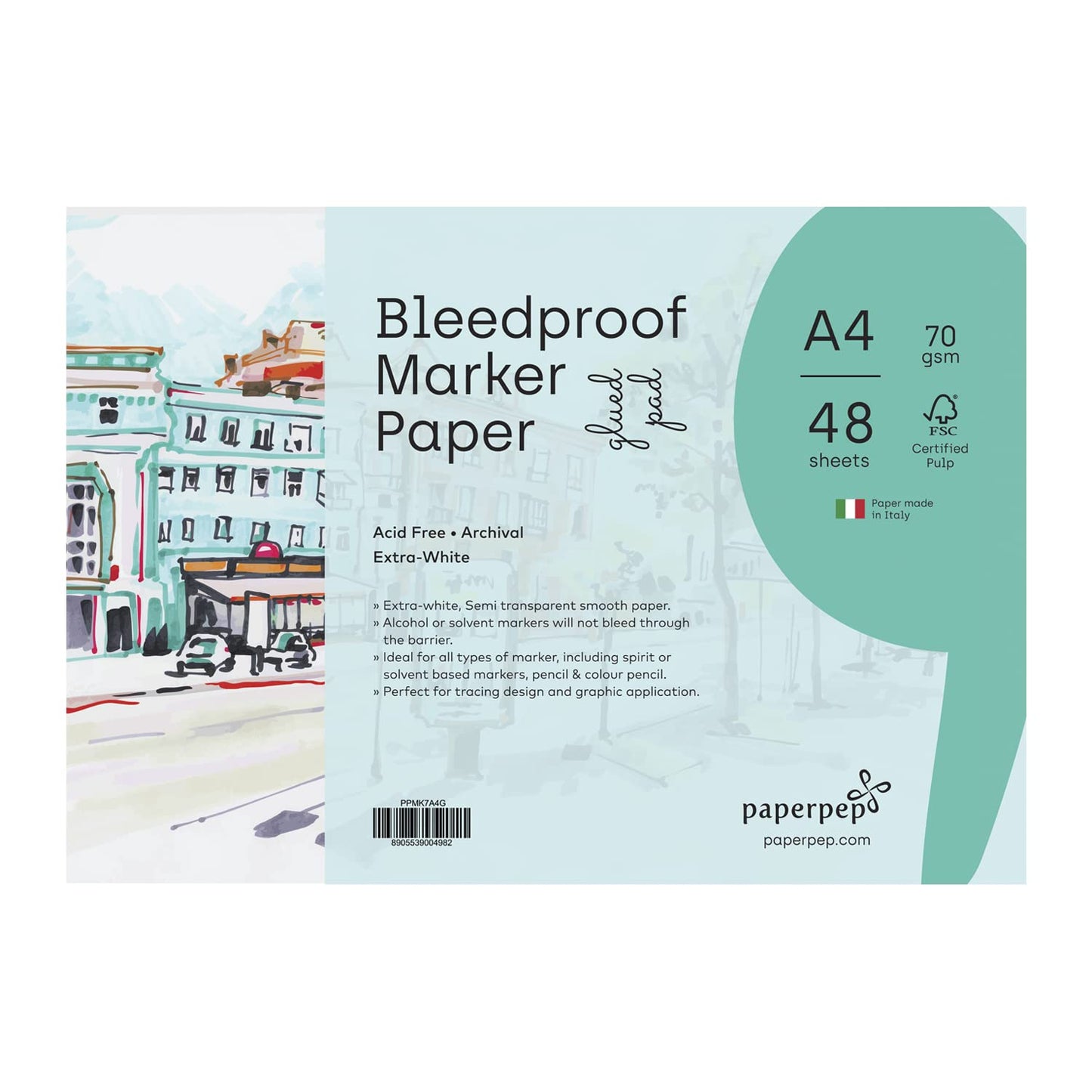 PaperPep Artists' Bleedproof Marker Glued Pads 70GSM A4 48 Sheets