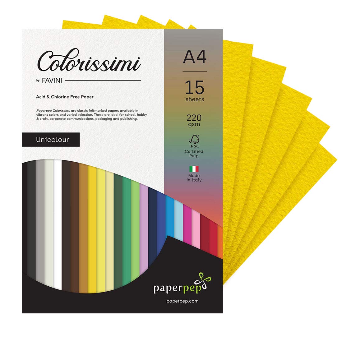 PaperPep Colorissimi 220GSM Card Stock A4 Cedro (Yellow) Unicolor 15 Sheets