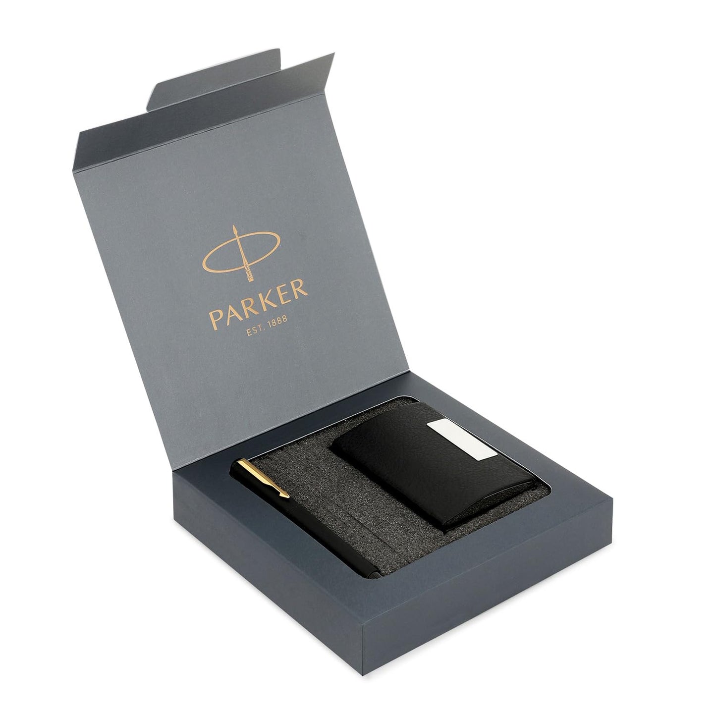 Parker Vector Matte Black Fountain Pen Gold Trim & Card Holder Gift Set, Blue Ink