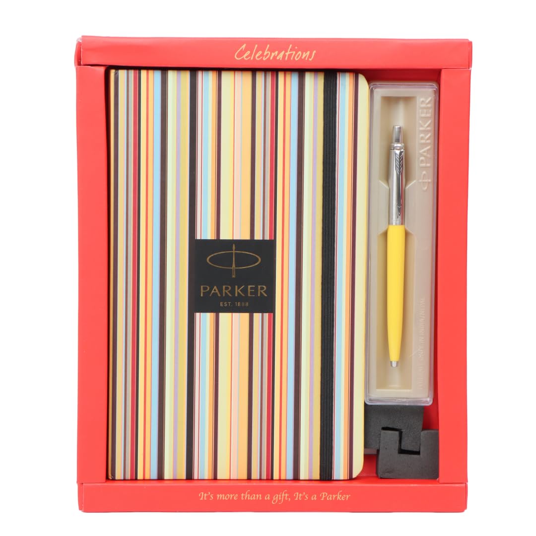 Parker Functional Jotter Standard Chrome Trim Ball Pen, Yellow Body & Pin Stripe Diary Gift Set, Blue Ink, Pack Of 1