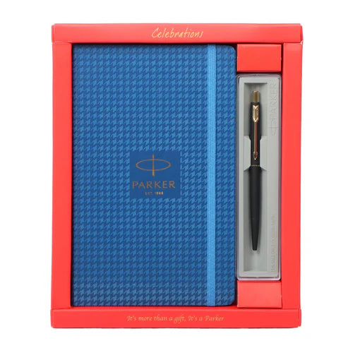 Parker Functional Classic Matte Black Gold Trim Ball Pen & Blue Houndstooth Diary, Blue Ink, Pack Of 1