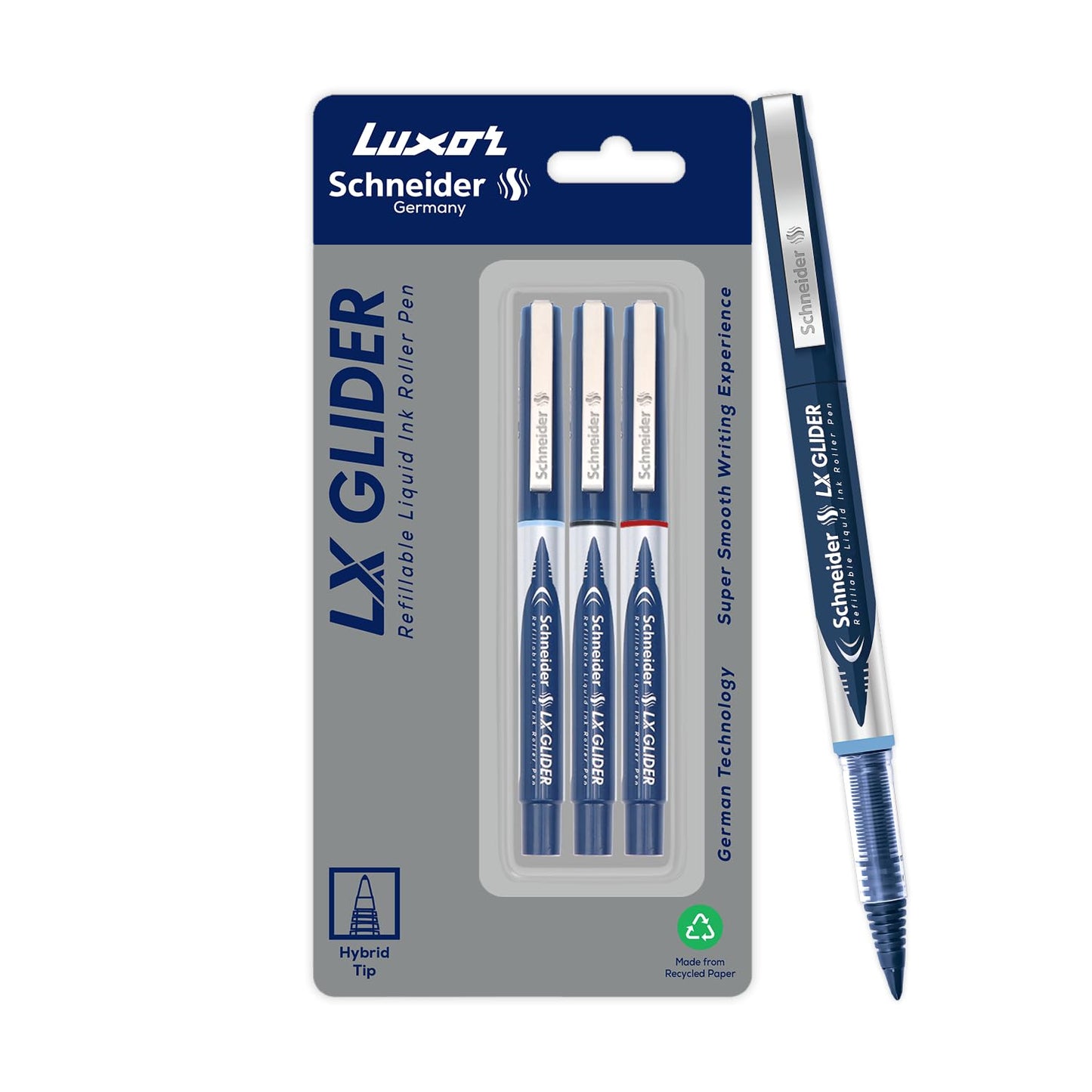 Luxor Schneider, LX-Glider Pens, Pack of 3, Ink- (Blue, Black, Red)