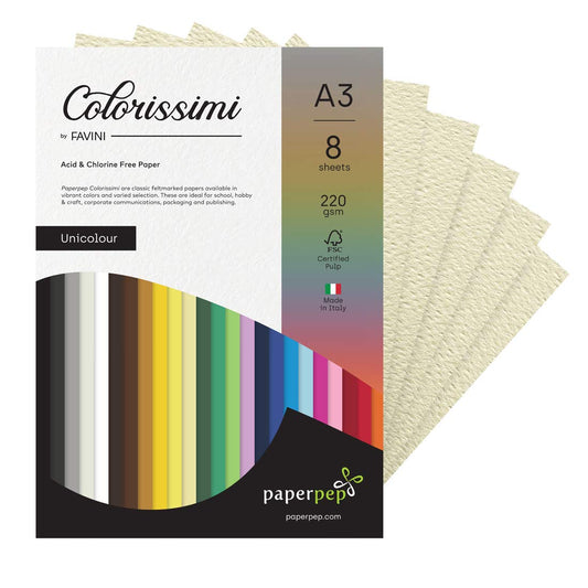 PaperPep Colorissimi 220GSM Card Stock A3 Avorio (Cream) Unicolor 8 Sheets