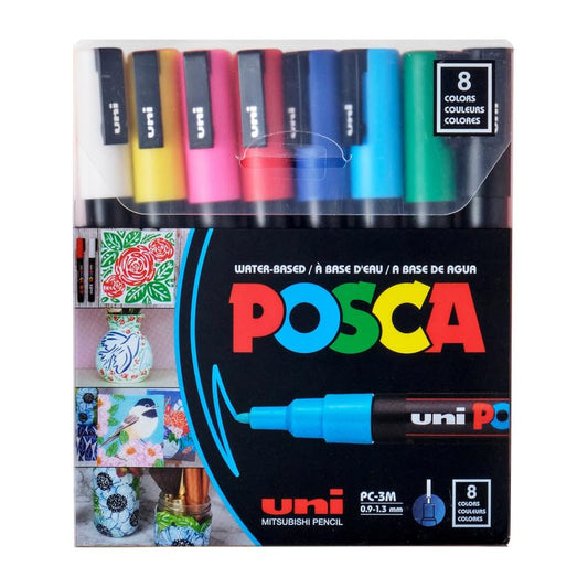 uni-ball Posca 3M 0.9-1.3mm Bullet Shaped Markers, Multicolor Ink, Pack of 8