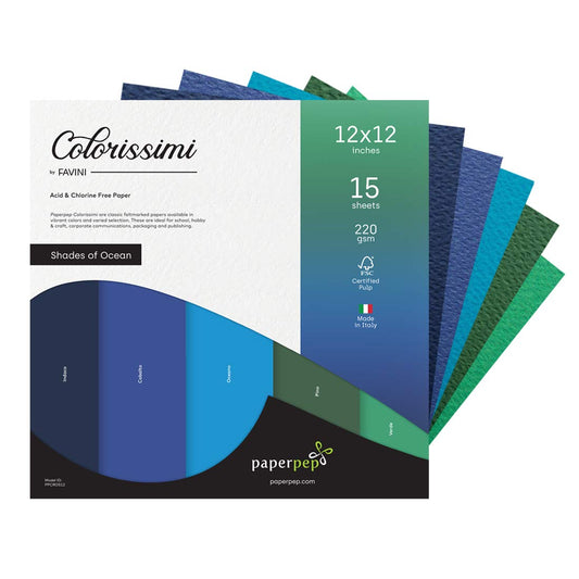 PaperPep Colorissimi 220GSM Card Stock 12"X12" Shades of Ocean Assorted 15 Sheets