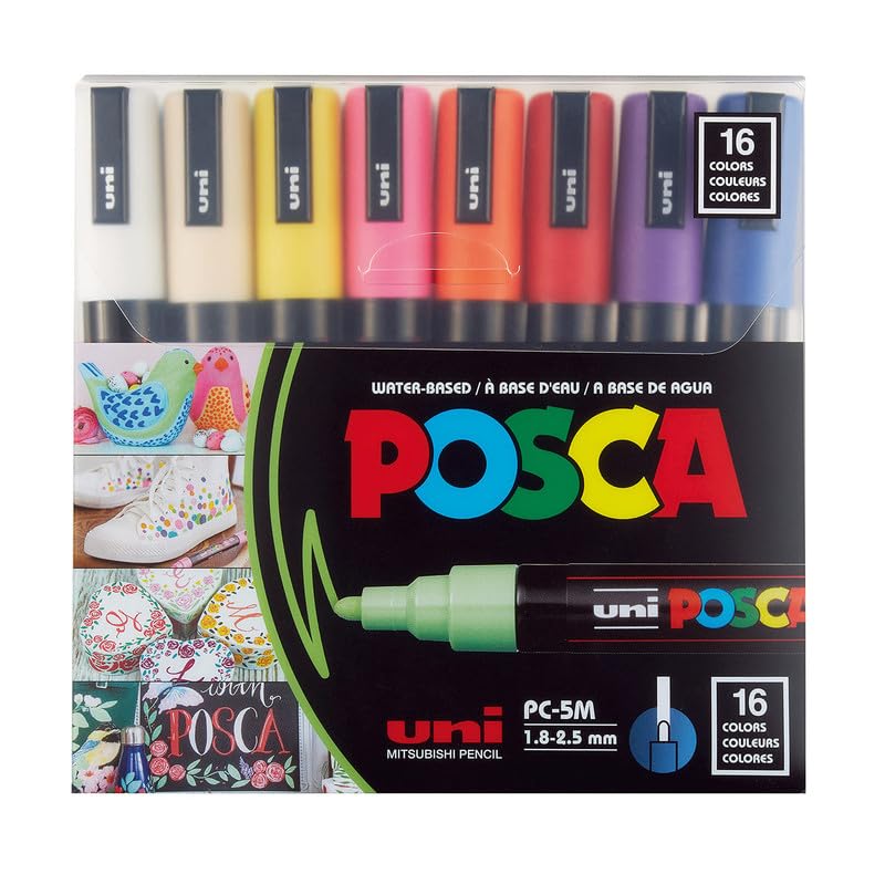 uni-ball Posca 5M 1.8-2.5mm Bullet Shaped Markers, Multicolor Ink, Pack of 16