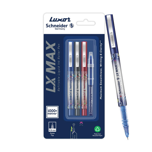 Luxor Schneider, LX MAX Roller Ball Pen, Blue,Black,Red, 1 Refil