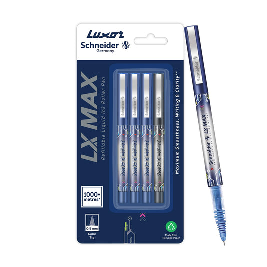 Luxor Schneider LX MAX Roller Ball Pen, Pack of 4, 3blue, 1Black