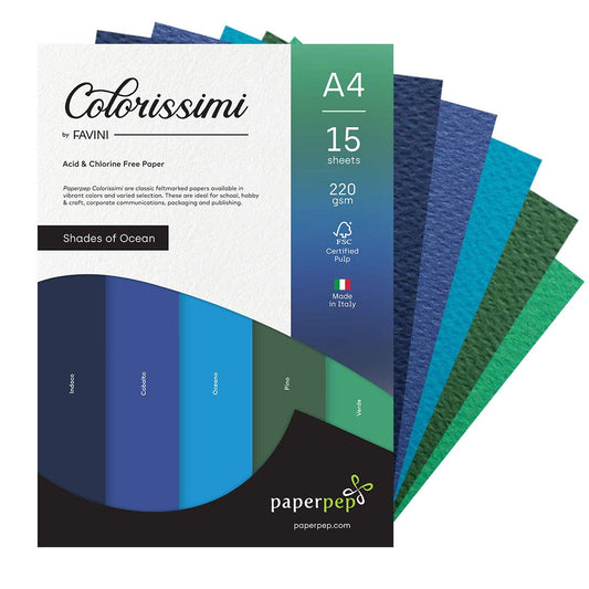 PaperPep Colorissimi 220GSM Card Stock A4 Shades of Ocean Assorted 15 Sheets