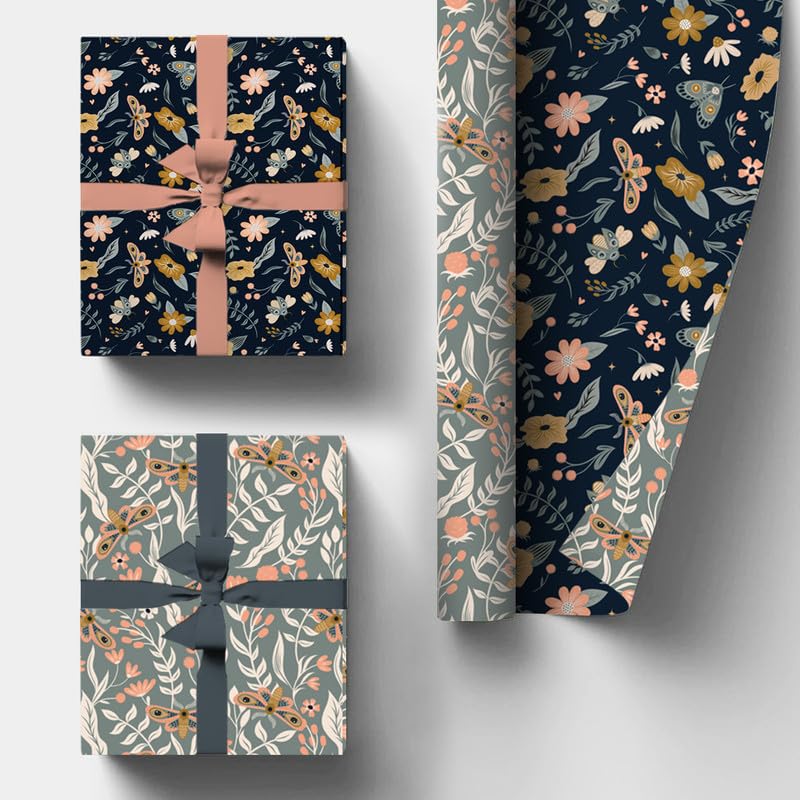 PaperPep Blue & Grey Floral & Moth Double Sides Print 19"X29" Gift Wrapping Paper, Pack of 5