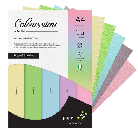 PaperPep Colorissimi 220GSM Card Stock A4 Pastel Shades Assorted 15 Sheets