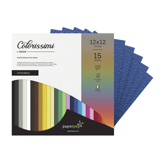 PaperPep Colorissimi 220GSM Card Stock 12"X12" Cobalto (Dark Blue) Unicolor 15 Sheets