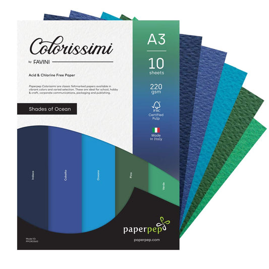 PaperPep Colorissimi 220GSM Card Stock A3 Shades of Ocean Assorted 10 Sheets