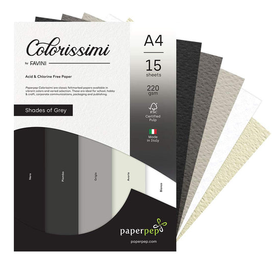 PaperPep Colorissimi 220GSM Card Stock A4 Shades of Grey Assorted 15 Sheets