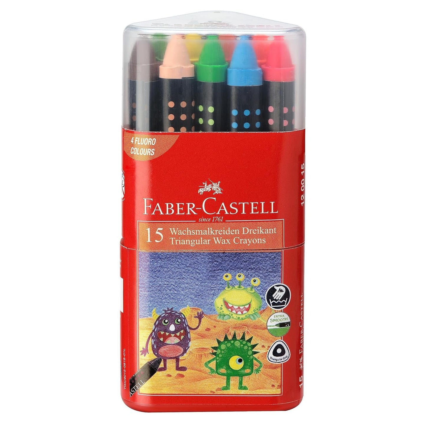 Faber-Castell 120015 Wax Crayon Triangular 90mm Grip, Pack of 15