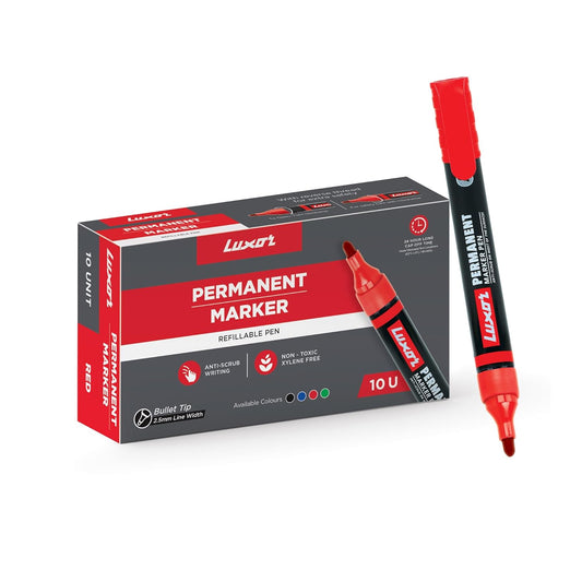 Luxor 1222 Refillable Bold Poiunt Tip Permanent Marker, Red, Box of 10