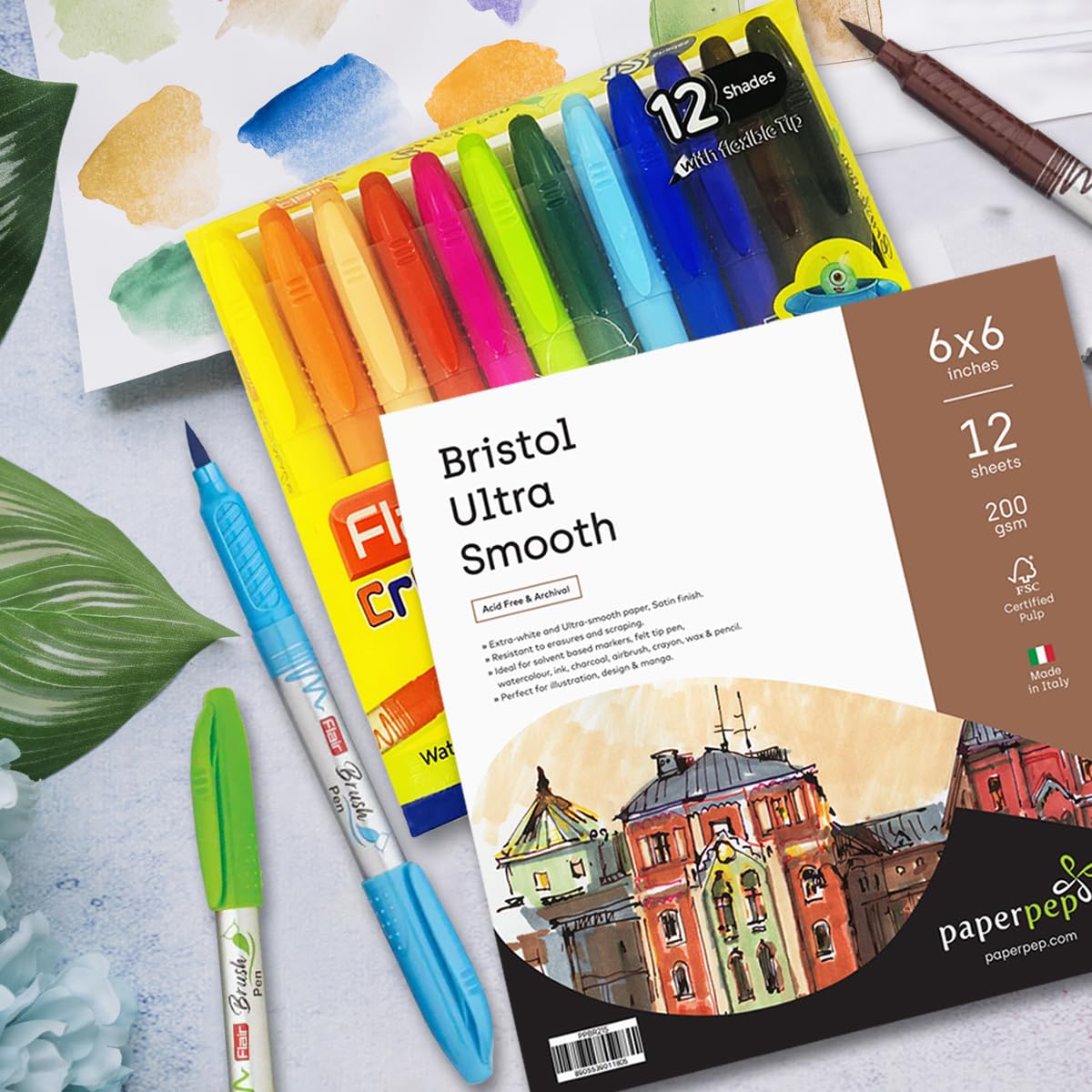 Flair Creative Brush Pen 12 Multicolour Shades,Fine Tip, With 6x6 Bristol Ultra Smooth Paper Combo Pack Bianco White